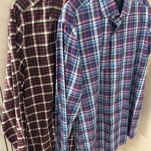 2  BUGATCHI men’s button down shirts. 1 in raspberry. 1 in blues and raspberry.